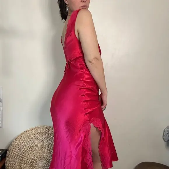 Vintage California Dynasty Red Satin Lace Lingerie Slip Dress w/ Leg Slit Sz S - Picture 5 of 10